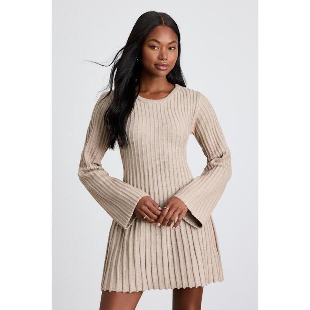 Lulus Convincing Poise Beige Ribbed Long Sleeve Skater Mini Dress - Size S